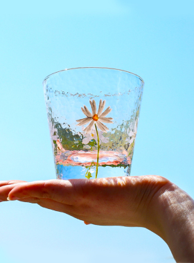 日式小雏菊玻璃杯手绘锤目纹网红抖音水杯创意家用可爱果汁杯套装