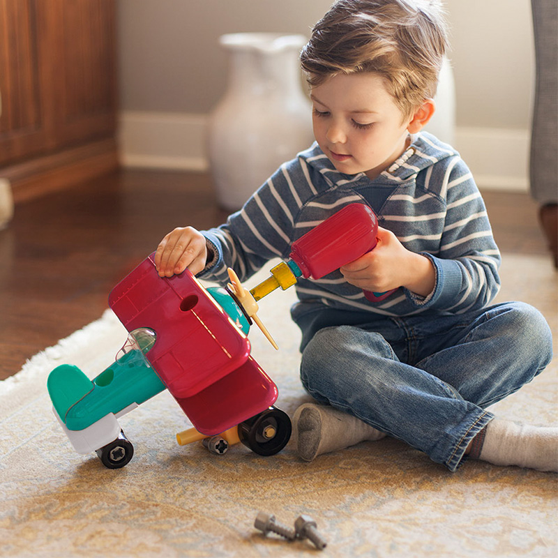 Battat儿童拧螺丝玩具可拆装工程车飞机动手能力智电钻维修工具箱