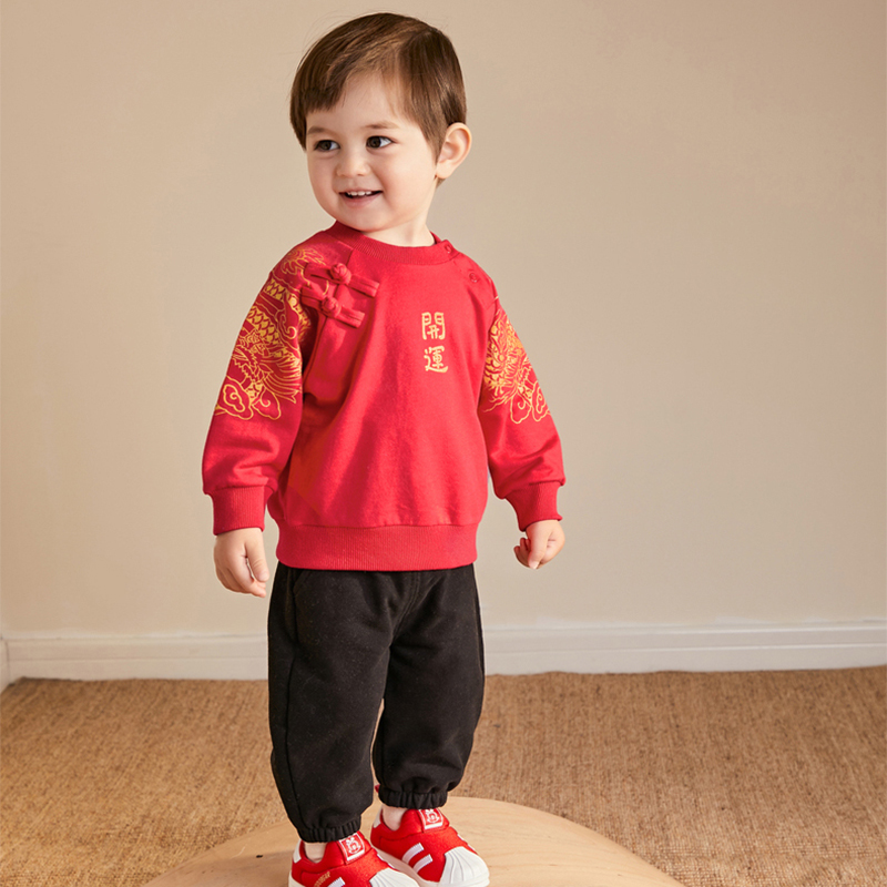 男童新年卫衣套装冬季女宝宝红色拜年服2023新款加绒加厚婴儿冬装