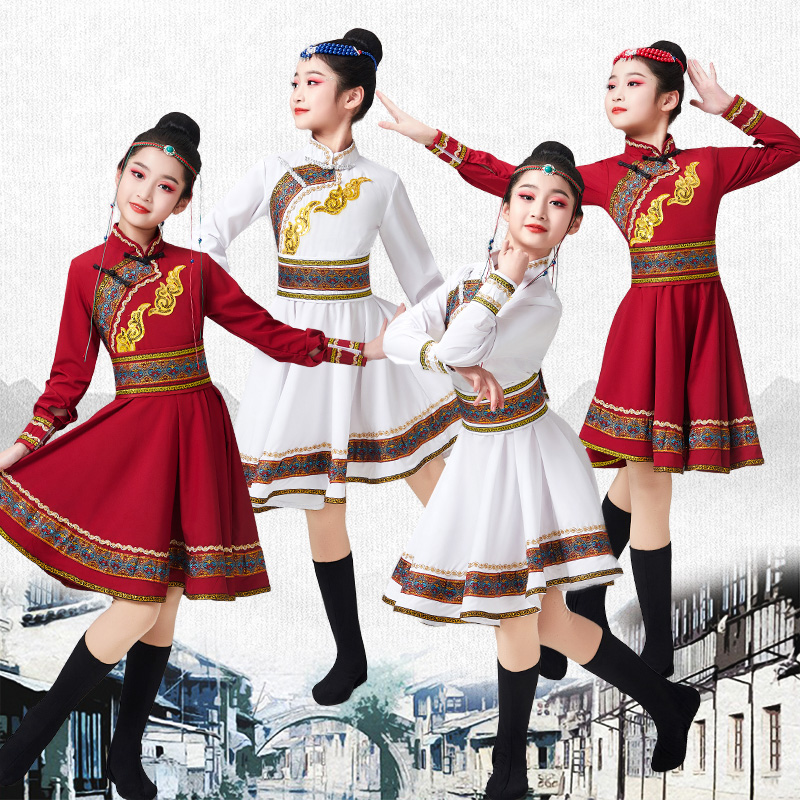 儿童蒙古服装服族女蒙古袍舞蹈演出服民族冬装女童男童蒙古服饰