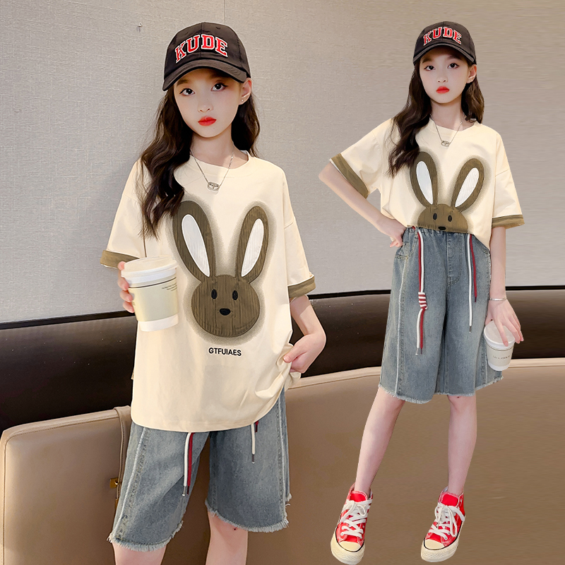 女童夏季套装韩版2024新款时髦洋气夏装女大童休闲牛仔短裤两件套