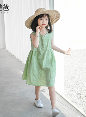 蔡爸爸童装第378个童话2024新款绿色裙子夏装格子女童薄款连衣裙