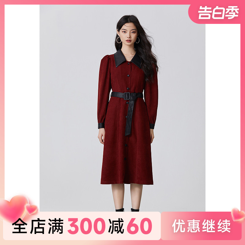 爱客2023秋季新款复古气质红长袖连衣裙女收腰显瘦高级感裙子