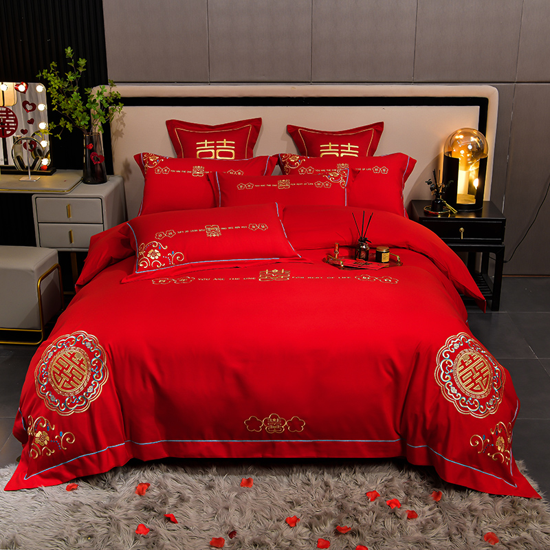 中式婚庆加厚磨毛四件套秋冬季大红色床单被套结婚床上用品喜被罩