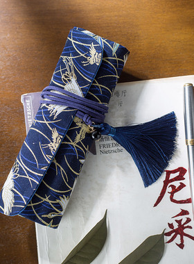 媛艺日式文艺复古笔帘古风钢笔卷笔袋大容量茶具收纳袋文具袋笔盒