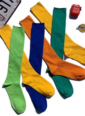 袜子 潮ins男女纯色街头绿蓝王橙学院风滑板日系可爱彩色长筒棉袜