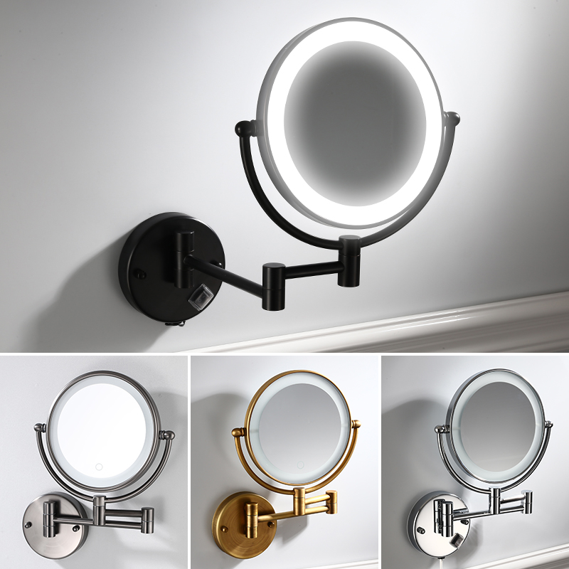 LED免打孔浴室美容镜带灯 双面折叠伸缩镜酒店式接线化妆镜壁挂