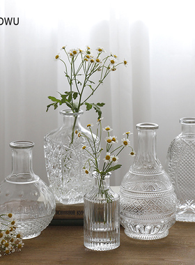 复古浮雕透明玻璃小花瓶摆件网红轻奢ins风客厅插花餐桌面装饰品