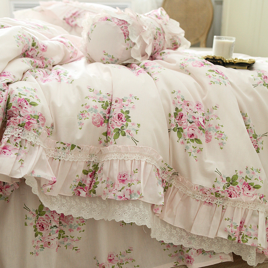 法式韩式田园公主风玫瑰花蕾丝全棉纯棉床裙款床上用品被套四件套