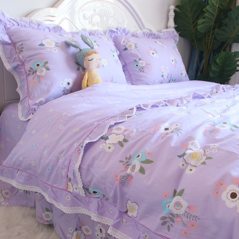 韩版公主风荷叶边四件套全棉纯棉少女心裸睡紫色被套床单床上用品