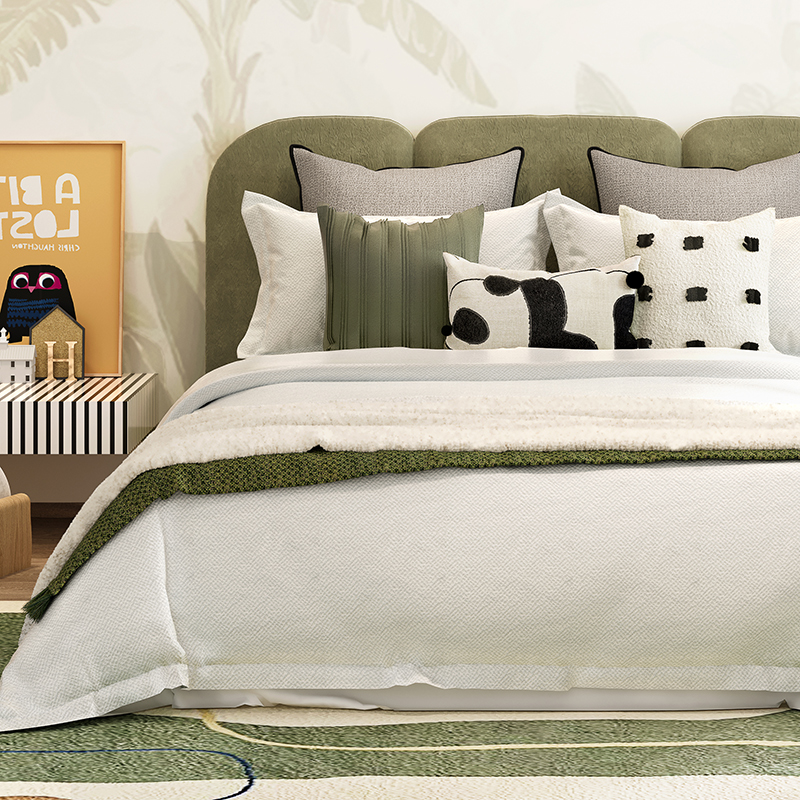 儿童房样板间床品熊猫卡通可爱清爽绿色软装展厅床上用品全套组合