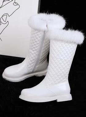 女童靴子冬季加绒儿童棉靴白色高筒皮靴小女孩保暖雪地靴公主长靴