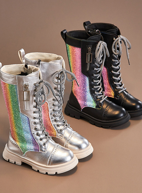 2023秋季新款儿童靴子韩版女童高筒长靴二棉保暖马丁靴彩虹骑士靴