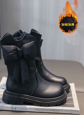 女童马丁靴秋冬季2023新款儿童黑色皮靴长筒靴女孩加绒保暖二棉鞋