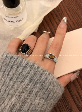 新中式镶钻虎眼黑玛瑙戒指 复古设计个性时尚vintage金属叠戴指环