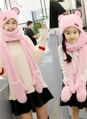 韩版亲子男女儿童帽子围巾手套三件一体套装秋冬季保暖加厚围脖帽