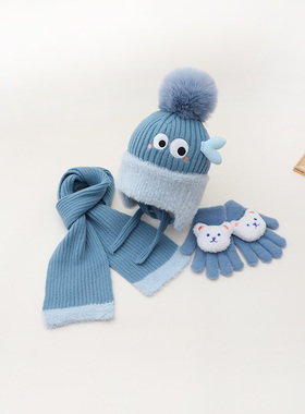 儿童帽子2023新款冬季围巾手套装三件套女孩保暖男童加厚针织毛线