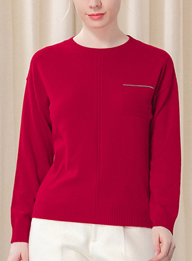 纯山羊绒12针26支两股圆领长袖前片麻花螺纹藏青品红两色羊绒衫