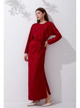美妃红色长袖绝美气质显瘦连衣裙2023女秋装国风民族风新中式长裙