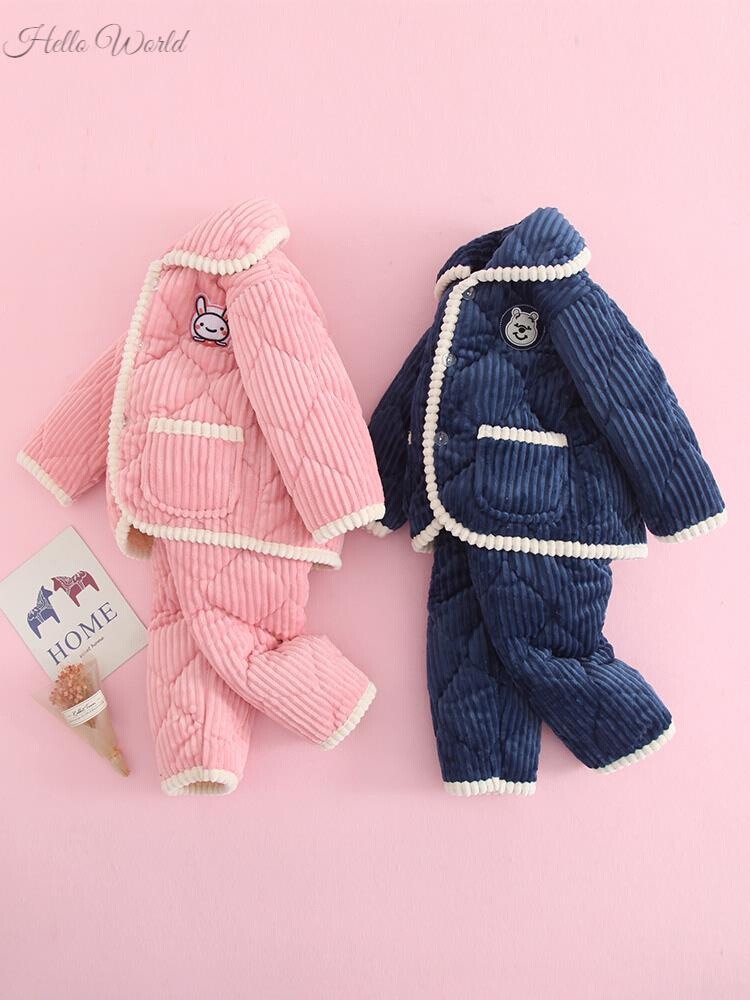 儿童睡衣冬季三层夹棉法兰绒加厚款可爱女童男童珊瑚绒保暖家居服