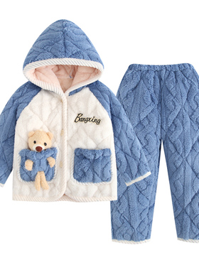 新款儿童睡衣冬季加厚三层夹棉加绒中大童男女童法兰绒保暖家居服