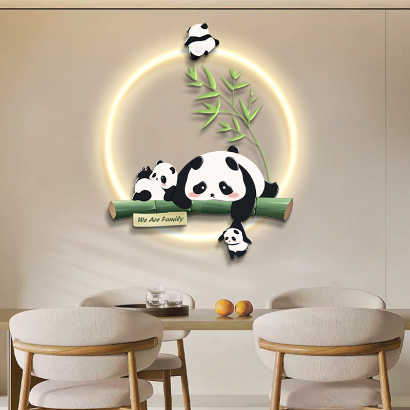 奶油风餐厅装饰画壁灯光画熊猫立体饭厅挂画入户玄关客厅卧室壁画