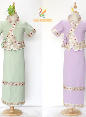 傣族女儿童套装西双版纳泼水节服饰民族风棉麻布料绿粉蓝四色522