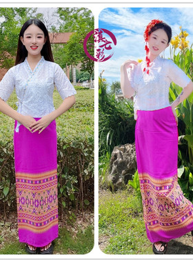 泰国傣女装中袖白色扣花傣族套西双版纳泼水节服饰滇送头花多色裙