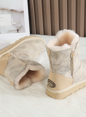 防水雪地靴女冬季中筒防滑新款皮毛一体保暖加绒加厚牛皮羊毛棉鞋