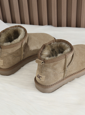 雪地靴女冬季牛皮羊毛皮毛一体短筒一脚蹬加绒保暖低帮棉靴包子鞋