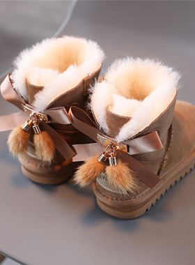 羊毛短靴女童冬季女鞋亲子皮毛儿童靴子公主一体儿童靴,防水雪地