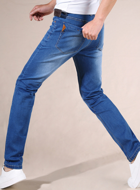 夏季超高弹力修身直筒牛仔裤男装浅蓝色超薄弹性小脚长裤子男大码