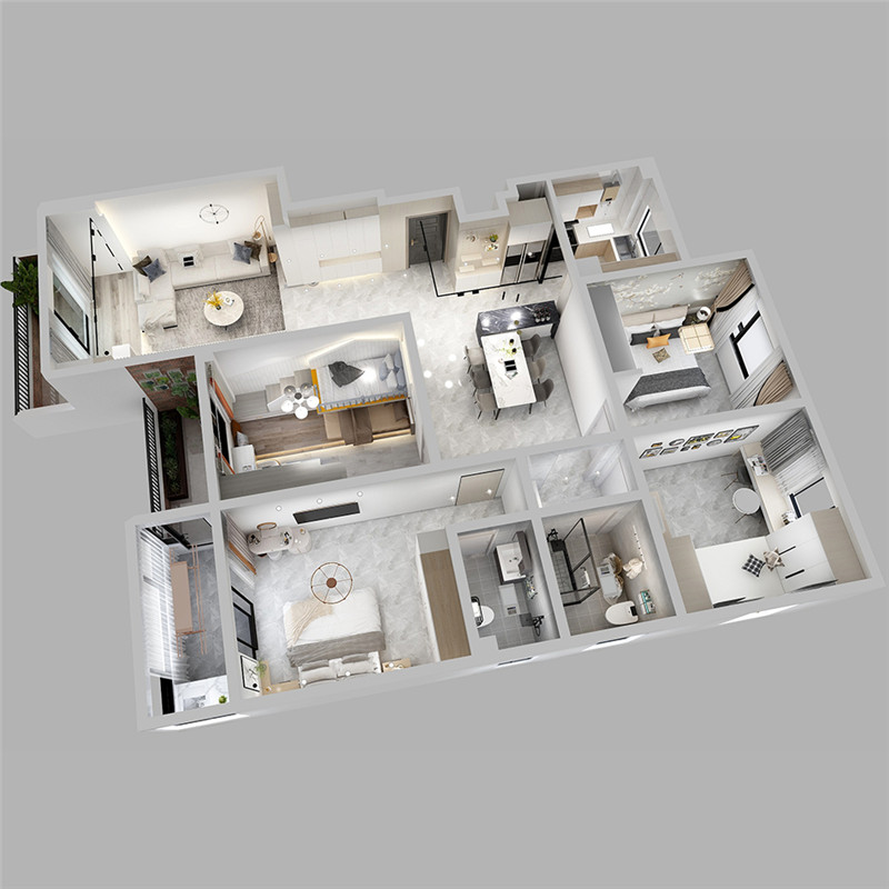 装修设计3D效果图制作家装公装室内纯现代简约北欧风格客餐厅三居