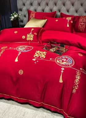 新婚庆全棉四件套纯棉被套床单红色被单被罩结婚高档床上用品秋冬