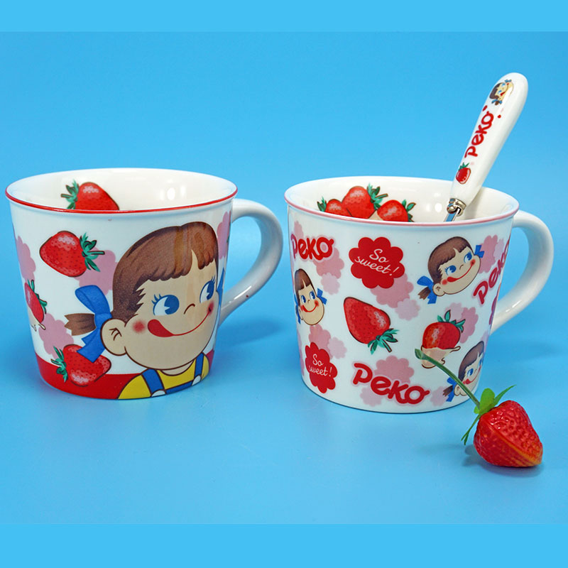 出口日本不二家卡通可爱陶瓷马克杯学生儿童牛奶咖啡水杯礼盒带勺