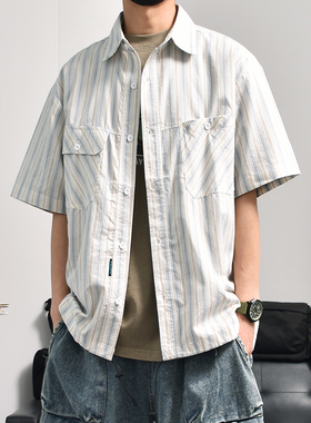 美式复古米兰色工装衬衫高级感明线条纹短袖衬衣男夏天设计感外套