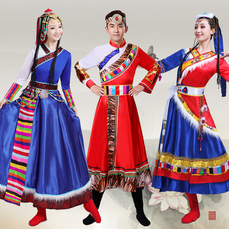2024新款藏族舞蹈服男女成人藏族水袖长裙演出服装藏服民族表演服
