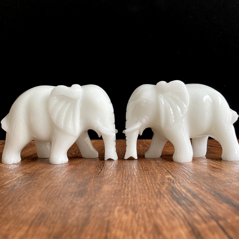 白玉吸水大象摆件一对动物客厅玄关家居装饰品天然玉石雕刻新中式