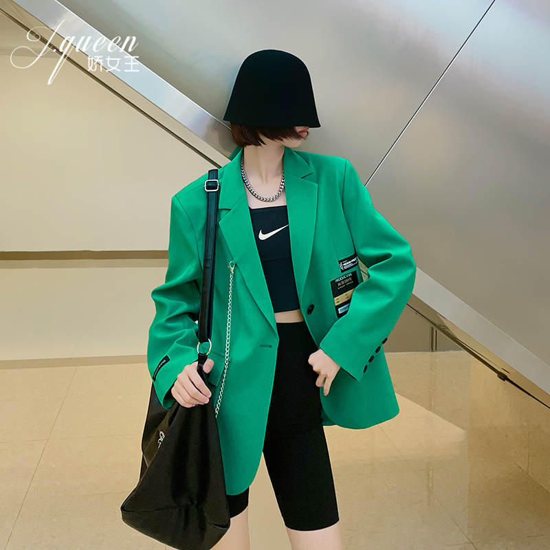 绿色西服女2024春季新款小众设计感贴标时髦炸街链条垫肩西装外套
