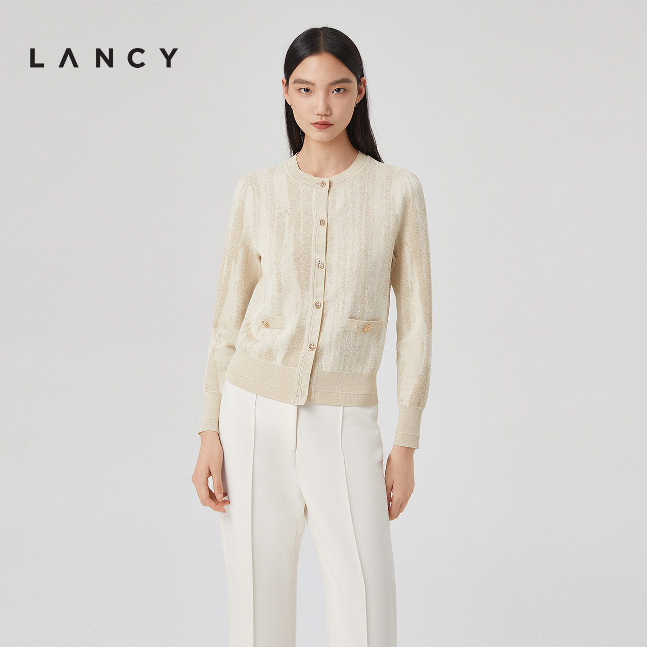 LANCY/朗姿2023春季新款开衫针织外套女时髦时尚洋气女高级感毛衣