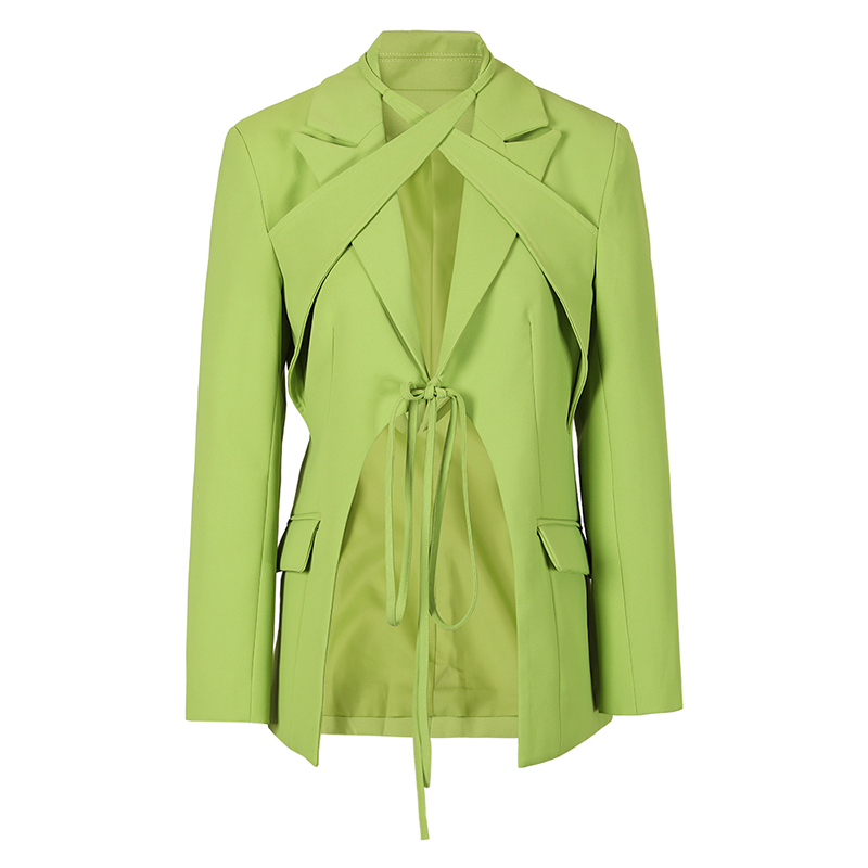 EAM STUDIO小众设计绿色交叉系带西装外套女时髦露腰修身显瘦上衣
