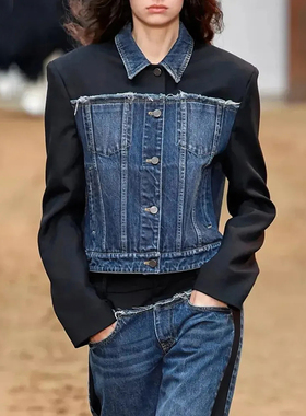 港风复古设计牛仔拼接撞色短款夹克美式设计感单排扣翻领时髦外套