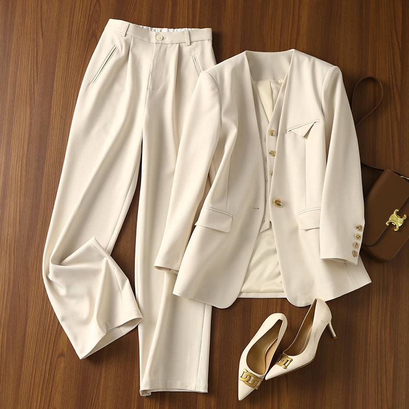 【折】都市时髦款通勤假两件拼V领外套西装+直筒裤套装女分开售