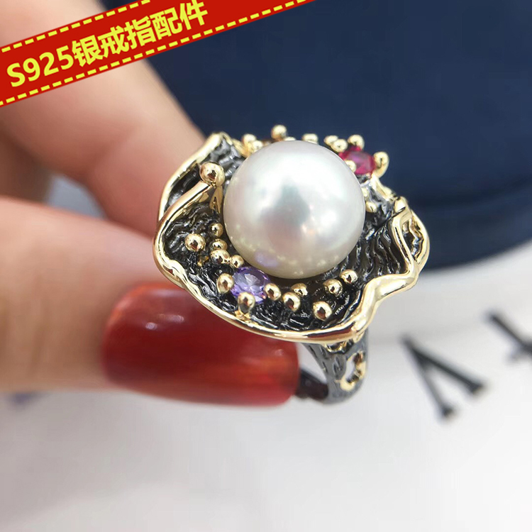 DIY配件 S925纯银珍珠戒指空托 复古镀黑戒托 半成品指环手工材料