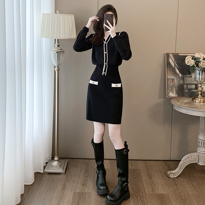 小香风黑色时尚休闲套装女秋冬季小个子开衫半身裙针织两件套装裙