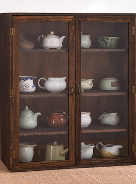 实木茶杯博古架桌面收纳柜茶具防尘玻璃化妆品展示茶柜茶壶置物架