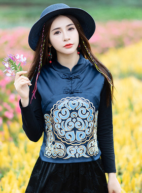 民族风短外套女2024春秋冬季新款中式复古刺绣绸缎马甲中国风女装