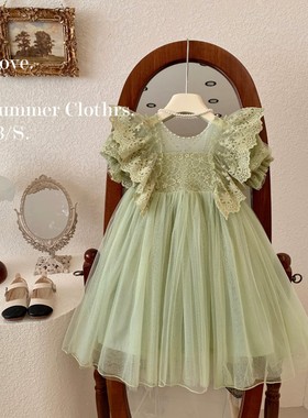 韩国女童连衣裙夏季小女孩绿色网纱仙女裙宝宝洋气蕾丝蓬蓬公主裙