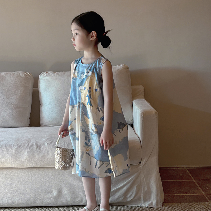 韩国童装女童时尚设计感连衣裙2024夏季小女孩洋气印花圆领背心裙