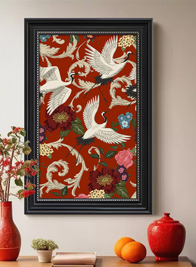 法式复古中国风客厅装饰画新中式玄关餐厅卧室高级感红色仙鹤挂画
